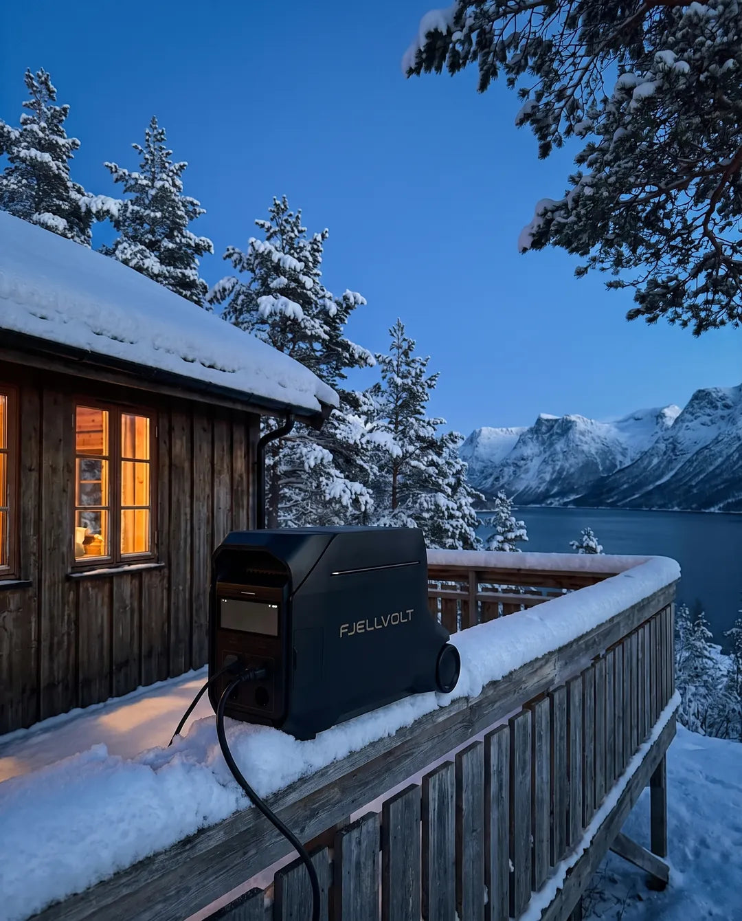 Fjellvolt Alpha på terrassen til en hytte om vinteren