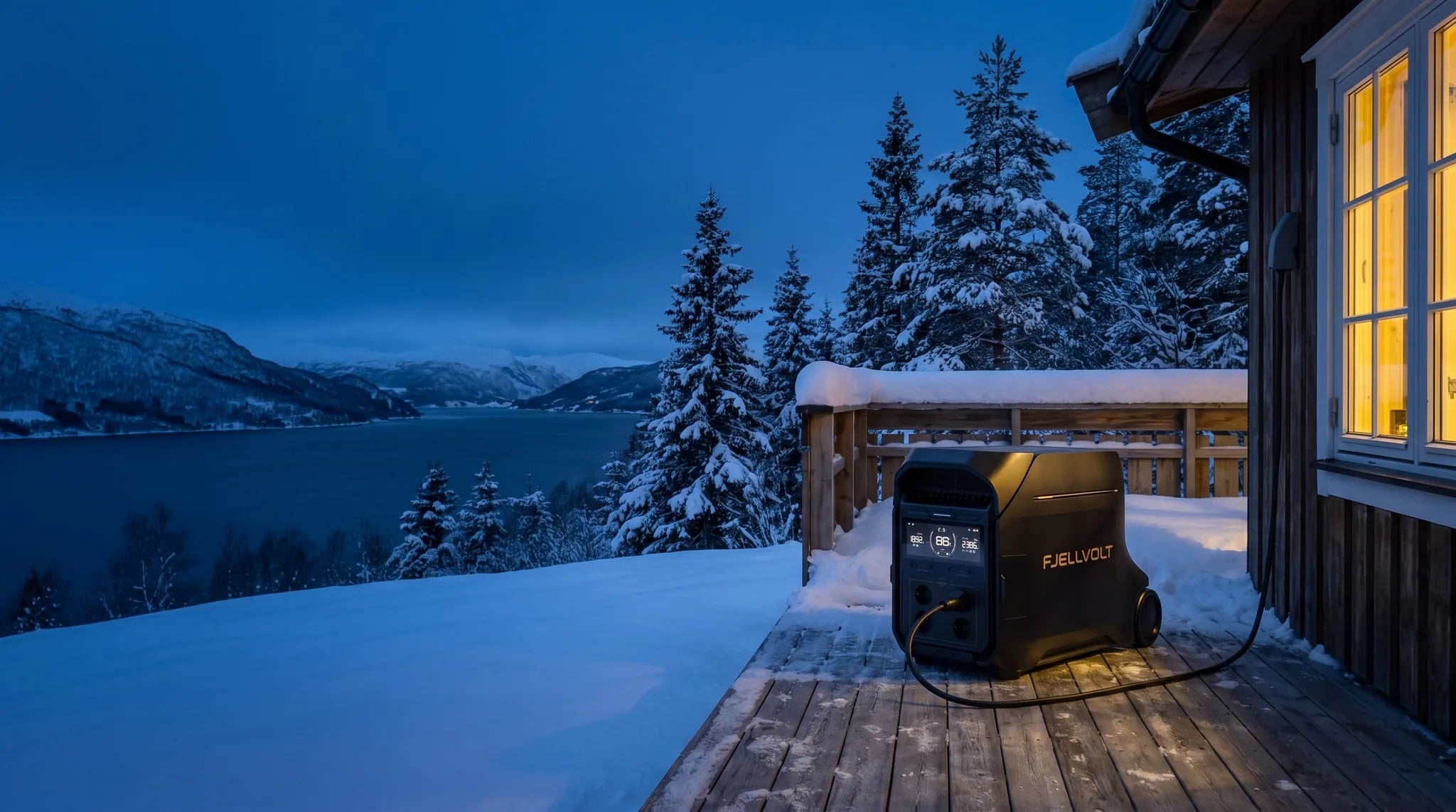 Strømstasjonen Fjellvolt Alpha på terrassen til en norsk hytte om vinteren